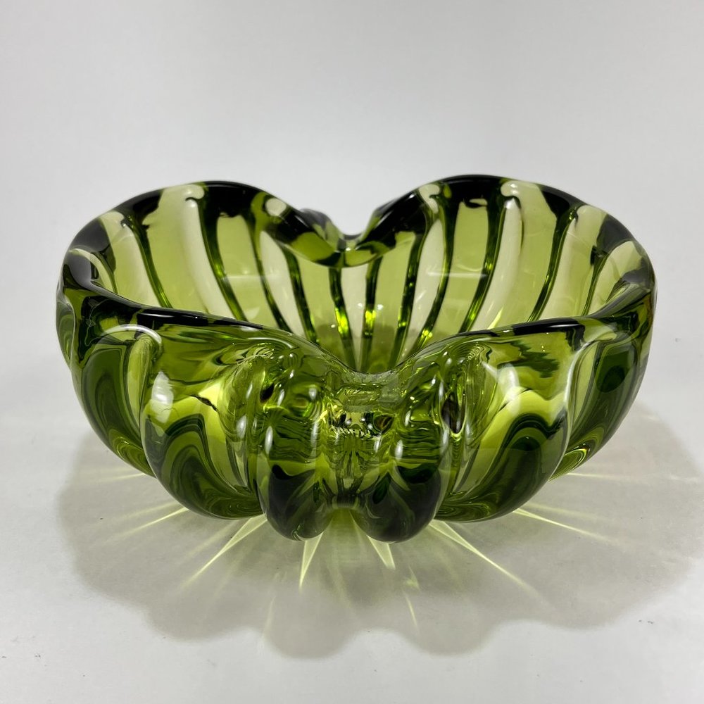 Vtg Barbini Murano Bowl Dish Ashtray Green Ribbed Italian Art Glass